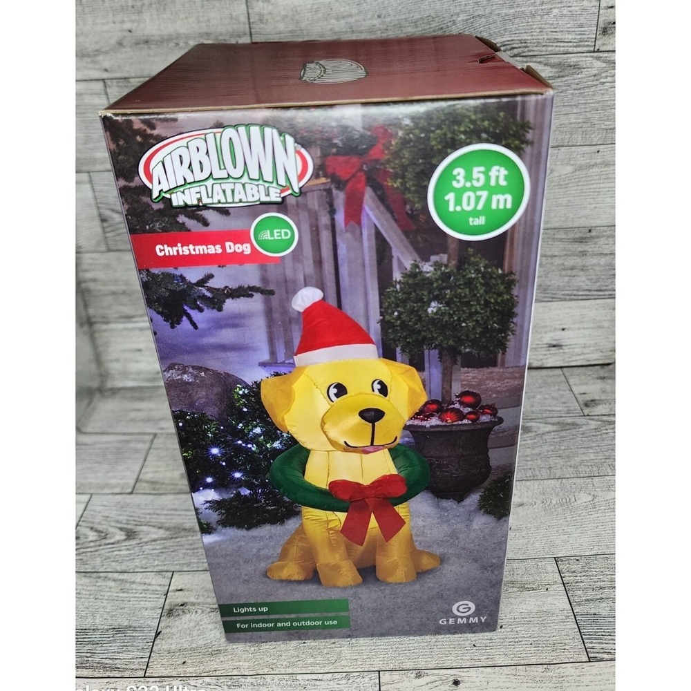 Gemmy 3.5ft Inflatable Dog Wearing A Santa Hat W/Wreath W/ LED Light Christmas